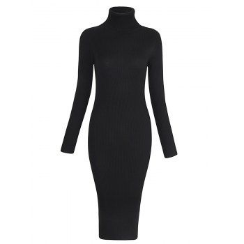

Elastic Turtleneck Long Sleeve Bodycon Slim Midi Knitted Dress, Black