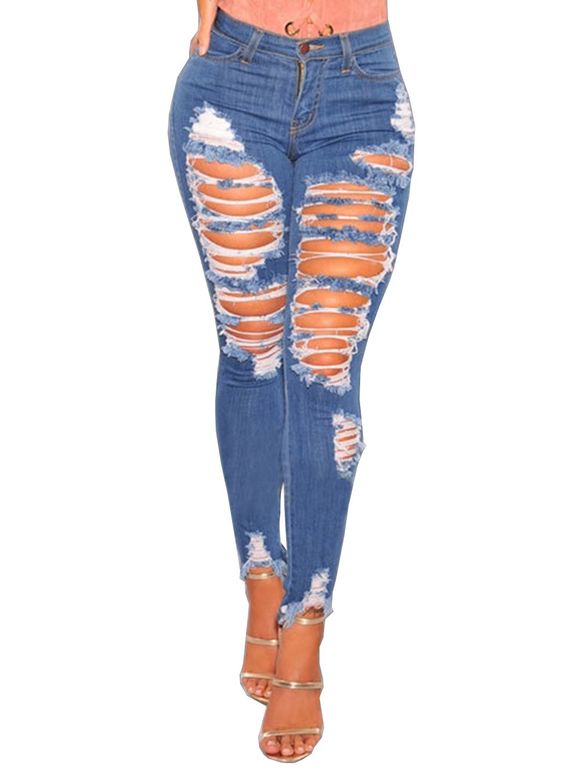 Women Casual Destroyed Ripped Distressed Skinny Denim Jeans - Bleu XL