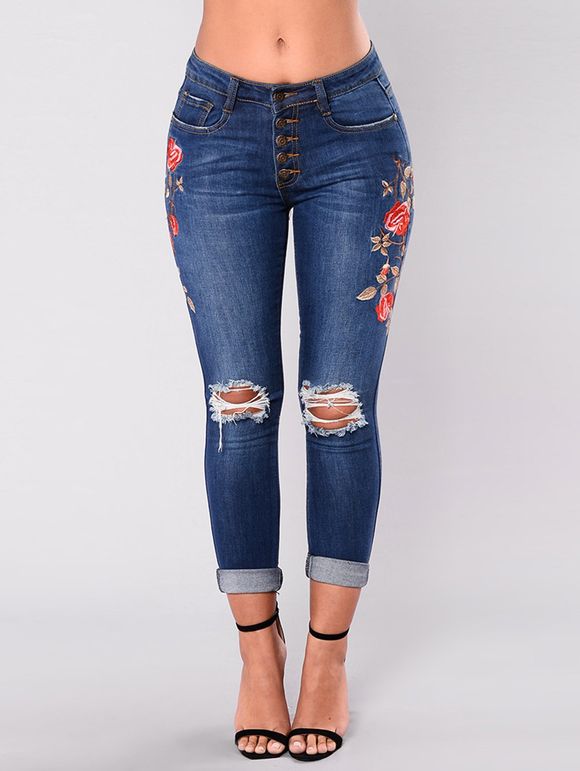 Women High Waisted Embroidered Skinny  Destroyed Ripped Hole Jeans - Bleu profond XL