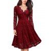 Lace V Neck Long Sleeves Swing Dress - RED WINE M