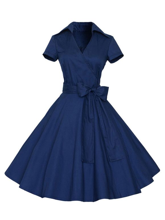 Hepburn Vintage Series Women Dress Spring And Summer Pure Color Lapel V-neck Design Short Sleeve Retro Belt Dress - Bleu Marine L