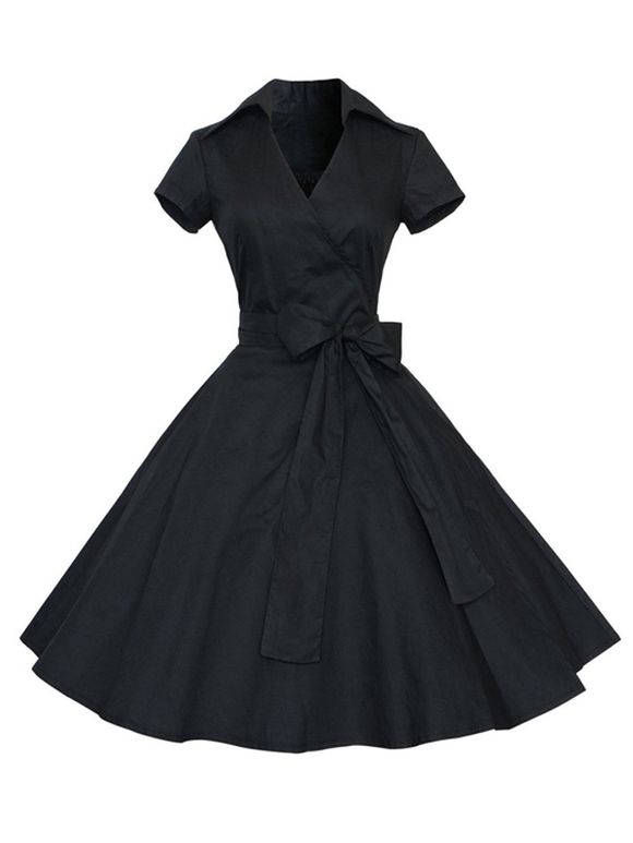 Hepburn Vintage Series Women Dress Spring And Summer Pure Color Lapel V-neck Design Short Sleeve Retro Belt Dress - Noir 4XL