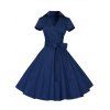 Hepburn Vintage Series Women Dress Spring And Summer Pure Color Lapel V-neck Design Short Sleeve Retro Belt Dress - Bleu Marine L