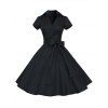 Hepburn Vintage Series Women Dress Spring And Summer Pure Color Lapel V-neck Design Short Sleeve Retro Belt Dress - Noir 4XL