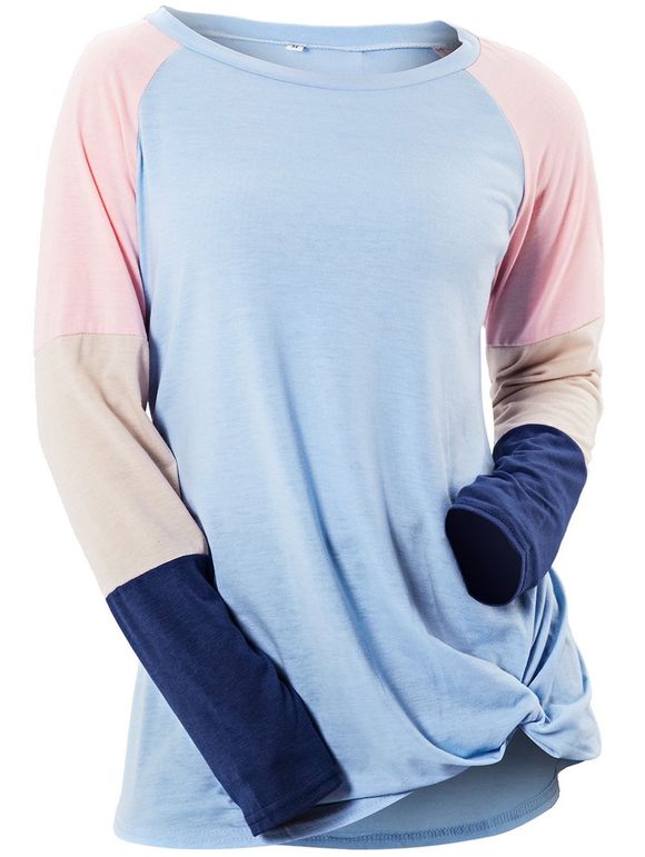 Women Long Sleeve Patchwork Color Block Sweatshirt Casual Tunic Top - Bleu clair M