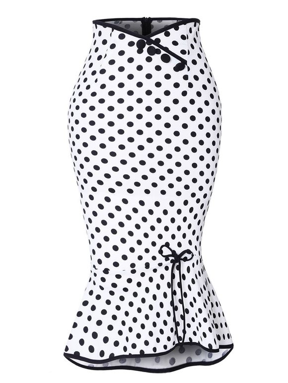 Polka Dot Button Up Flounce Skirt - Blanc L