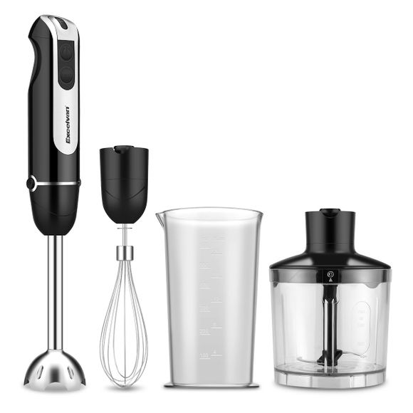 Excelvan Powerful 3-in-1 600W DC Motor Hand Blender with 500ml Chopper, 600ml Beaker and Whisk Attachments, Two Speed Blending, Chopping, Baby Food, Stainless Steel, Black - Noir EU PLUG