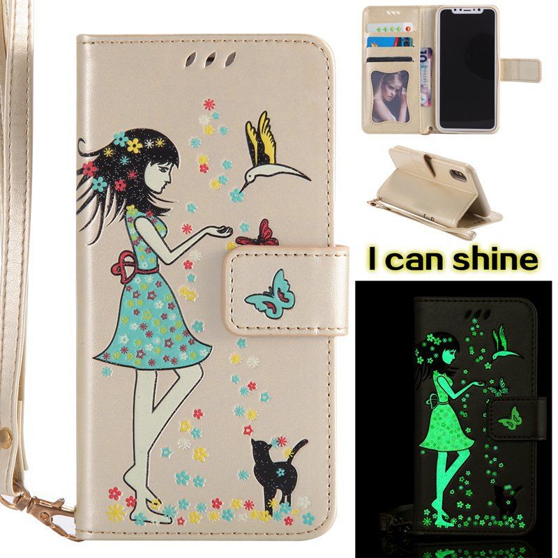 

Women Cat Luminous Painted PU Phone Case for iPhone X, Golden