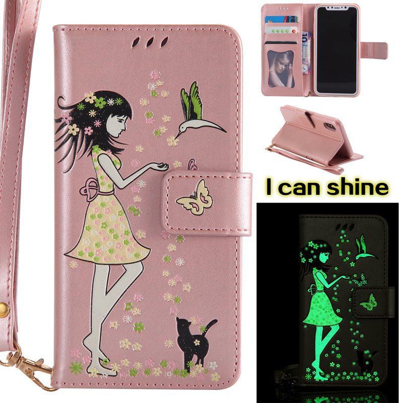

Women Cat Luminous Painted PU Phone Case for iPhone X, Rose gold