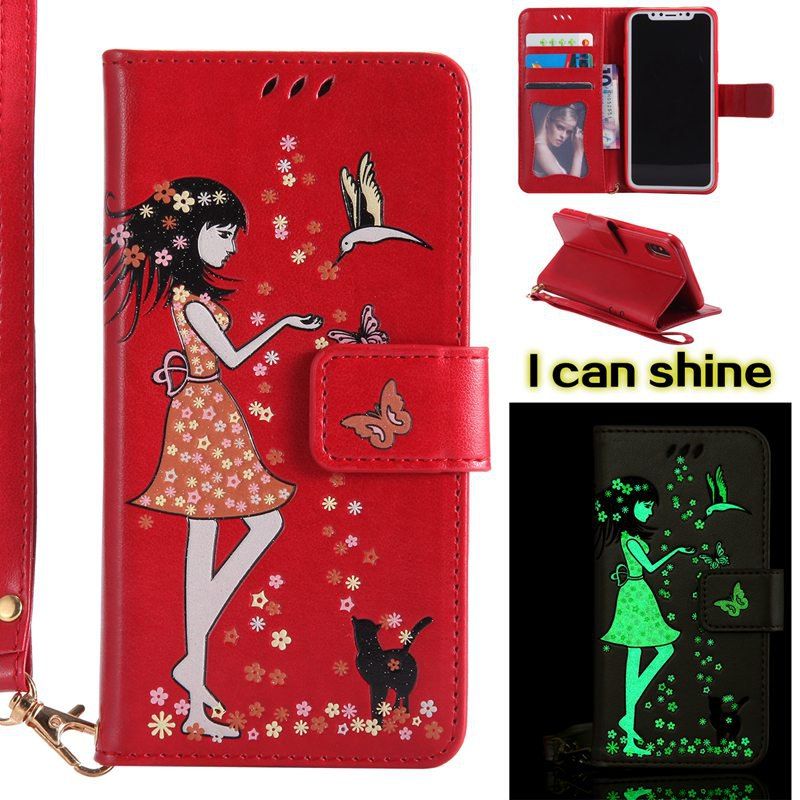 

Women Cat Luminous Painted PU Phone Case for iPhone X, Red
