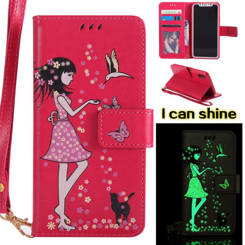 

Women Cat Luminous Painted PU Phone Case for iPhone X, Rose red