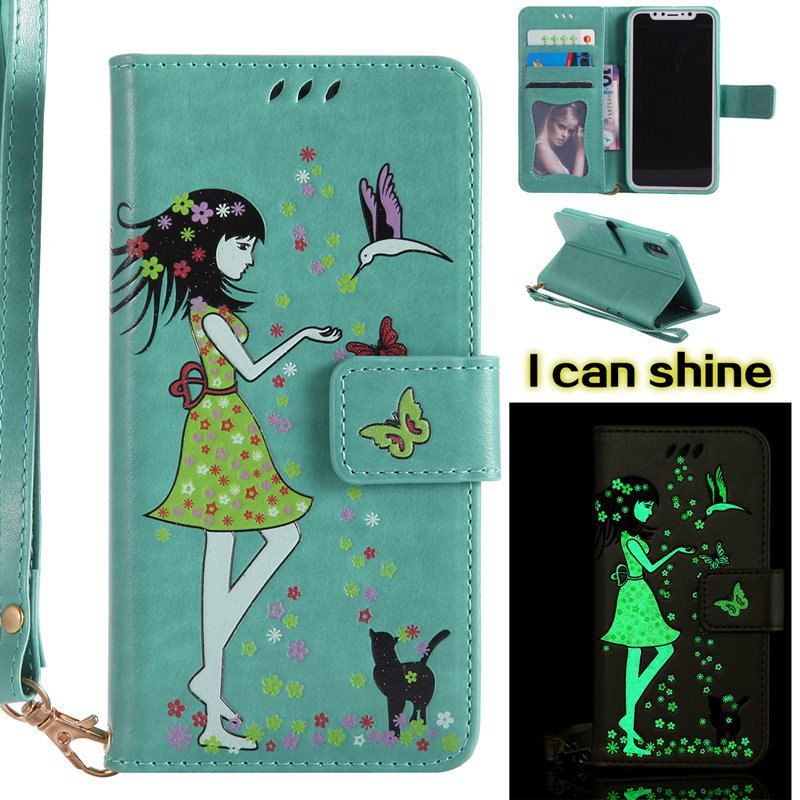 

Women Cat Luminous Painted PU Phone Case for iPhone X, Green