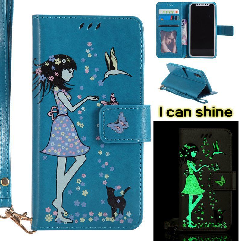 

Women Cat Luminous Painted PU Phone Case for iPhone X, Blue