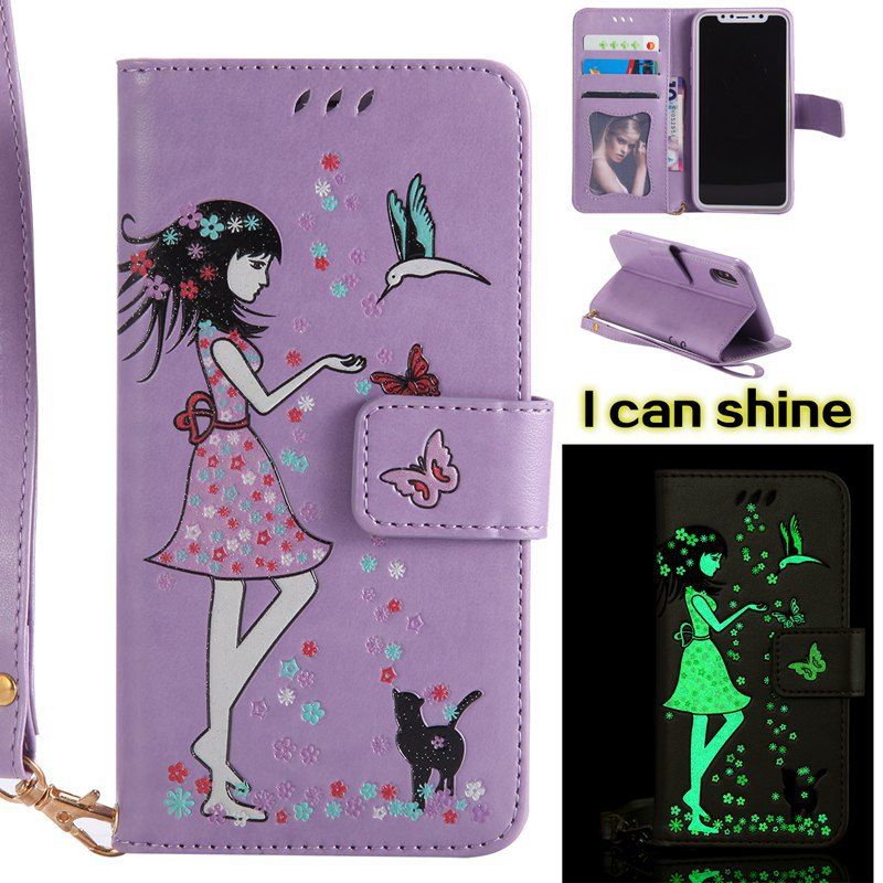 

Women Cat Luminous Painted PU Phone Case for iPhone X, Light purple