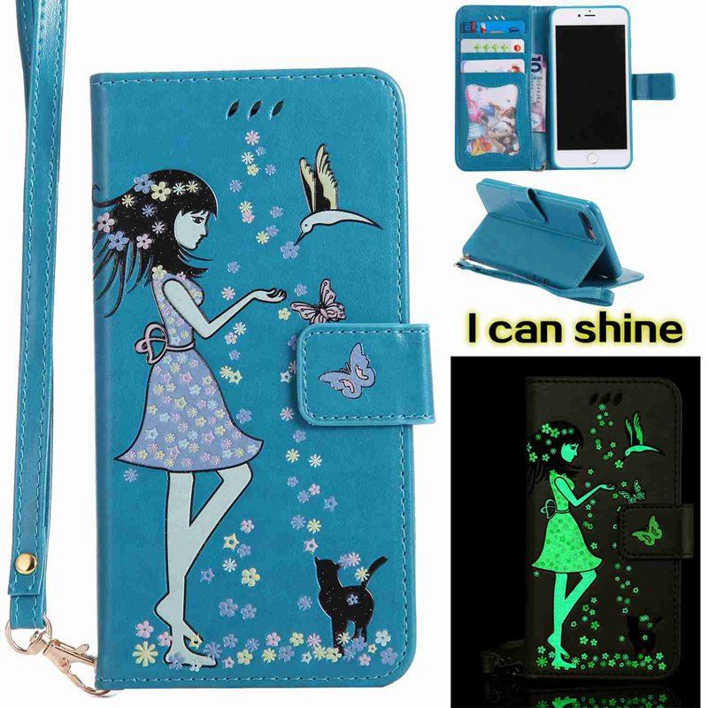 

Women Cat Luminous Painted PU Phone Case for iPhone 7 Plus, Blue