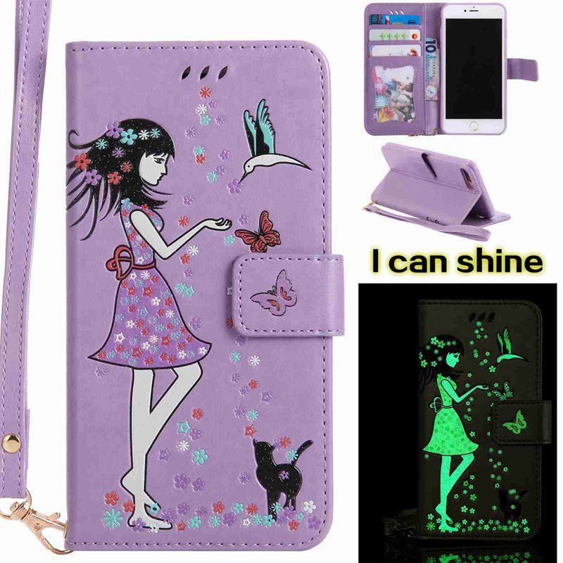 

Women Cat Luminous Painted PU Phone Case for iPhone 7 Plus, Light purple