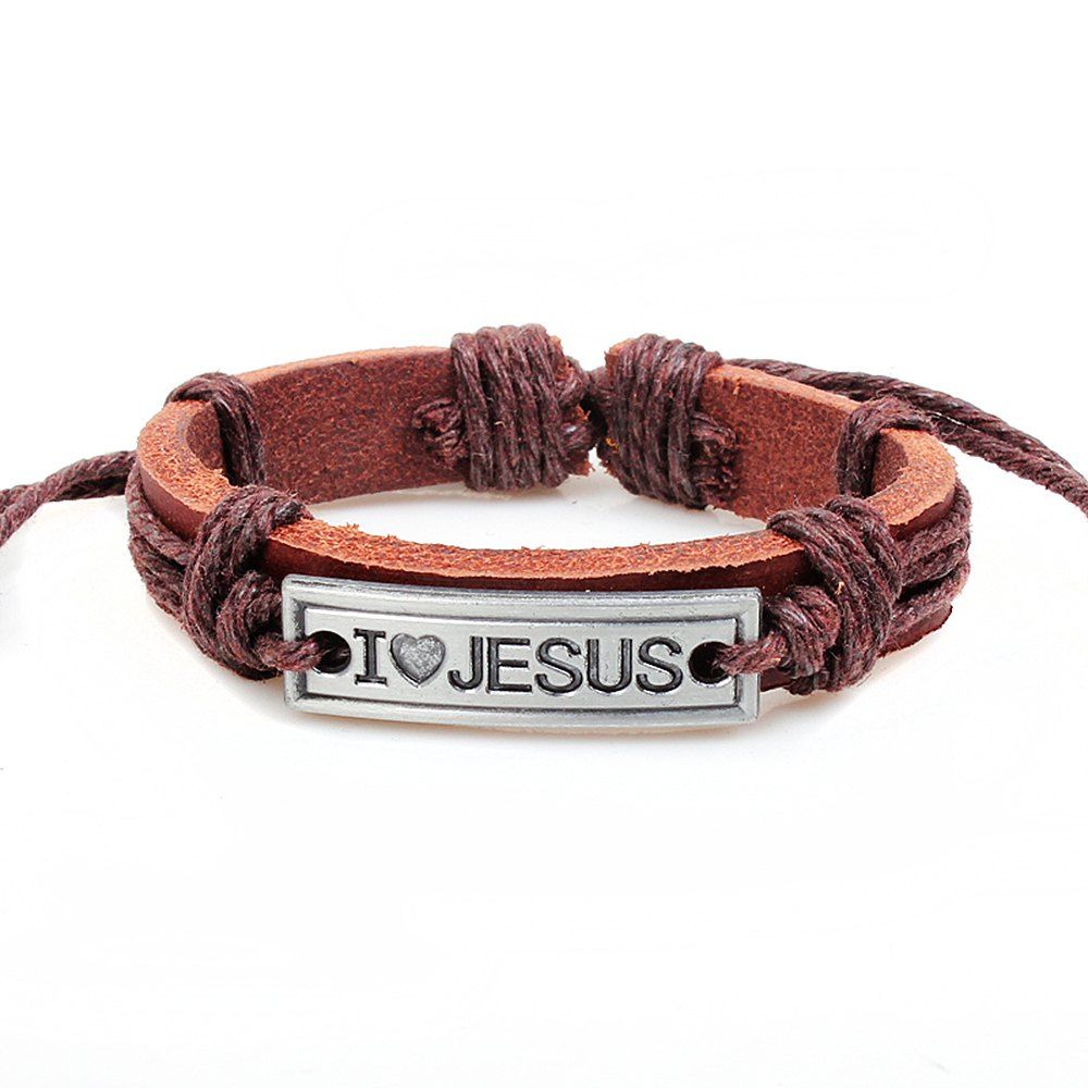 

Religion Jewelry Christian Engraved I Love Jesus Leather Bracelet, Brown