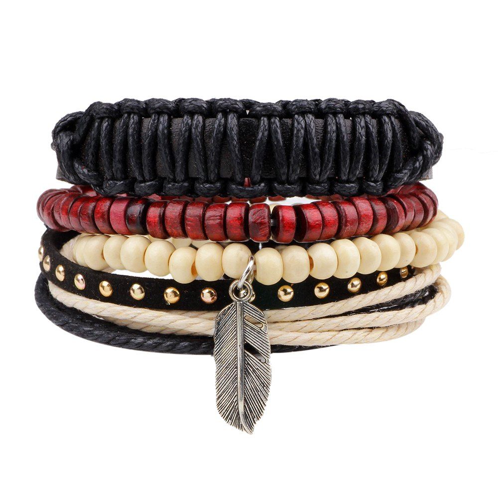 

Boho Feather Charm Leather Multi Strand Wood Beads Bracelet, Mix