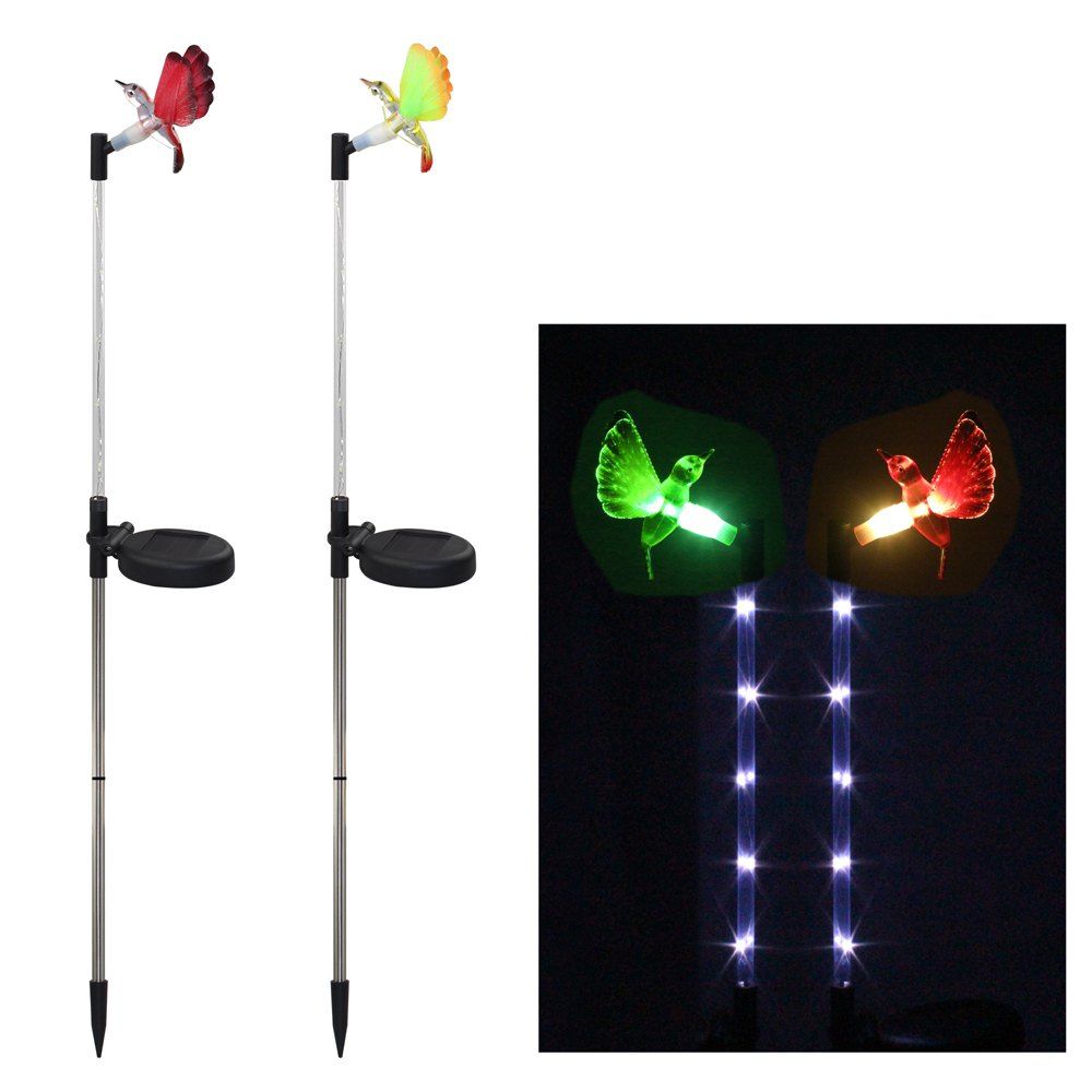 

2PCS Solar Fiber Optic Color-changing Garden Stake Light - Hummingbird, Black and silver