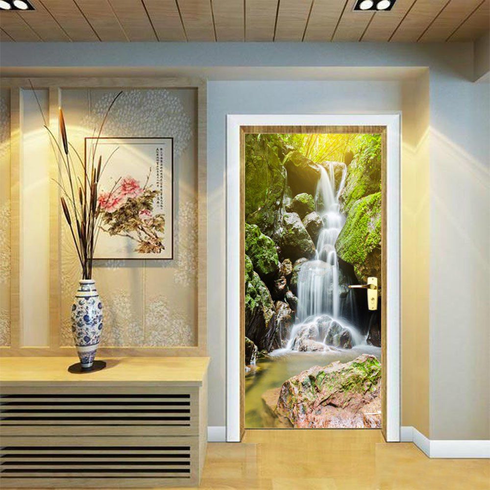 

Mountains Waterfall Wallpaper Poster Sliding Door Wooden Door Refreshed Wall Sticker 2PCS, Green 5919/6319#