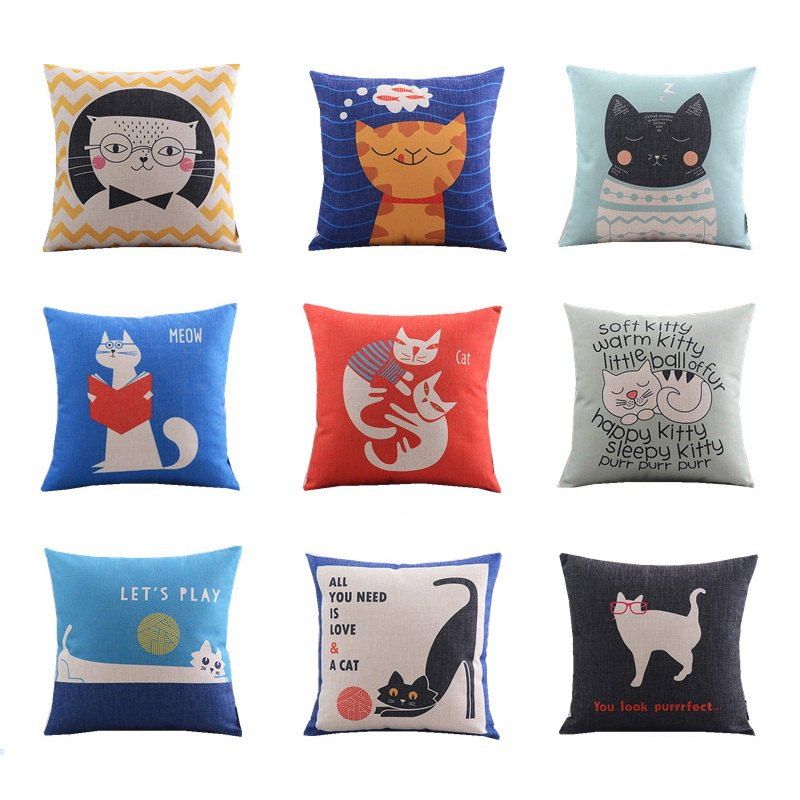 

9PCS Good Quality Cat Home Decoration Linen Cushion Covers, Colormix