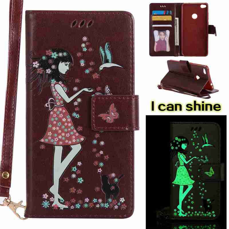 

Women Cat Luminous Painted Pu Phone Case for Huawei P8 Lite 2017, Brown