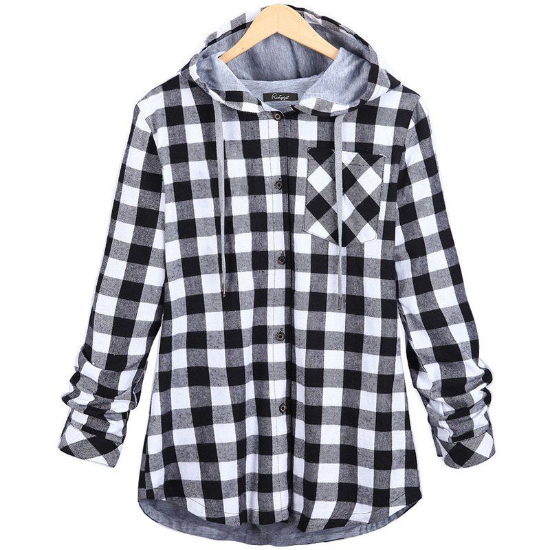 

Plus Size Checkered Long-Sleeved Shirt, White and black