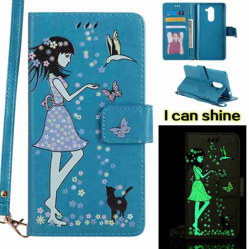 

Women Cat Luminous Painted Pu Phone Case for Huawei Glory 6X, Cornflower