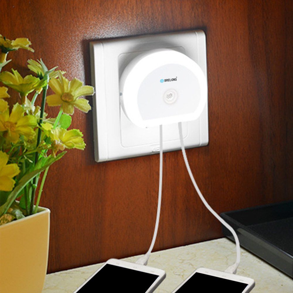 

Brelong Creative Light Switch + Sensor Led Night Light with Dual Usb (5v) Wall Board Charger Mobile Phone Night Light Eu/Us 110-240V, White