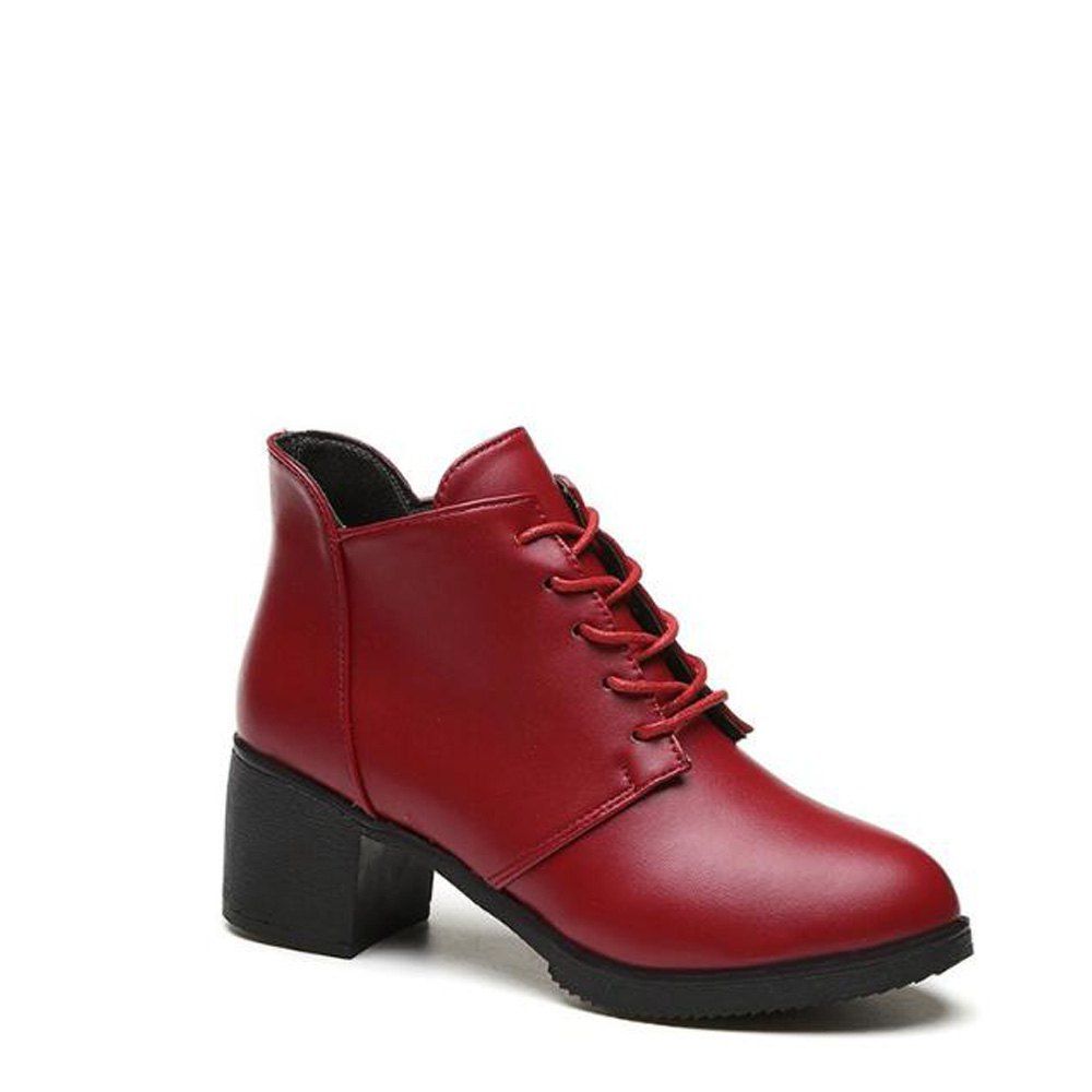 Solid Color Lace-Up High Heel Ankle Boots - RED 35