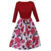 Robe de Soirée Formelle Imprimée Florale Vintage à Manches 3/4 - Rouge XL