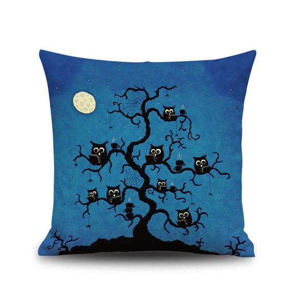 Taie d'oreiller Décorative en Lin Carrée Motif D'hibou D'arbre de Nuit d'Halloween Housse de Coussin - multicolore 