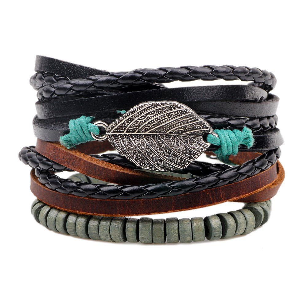 

3 Pcs Alloy Leaves Hand Woven Bracelet, Multicolor