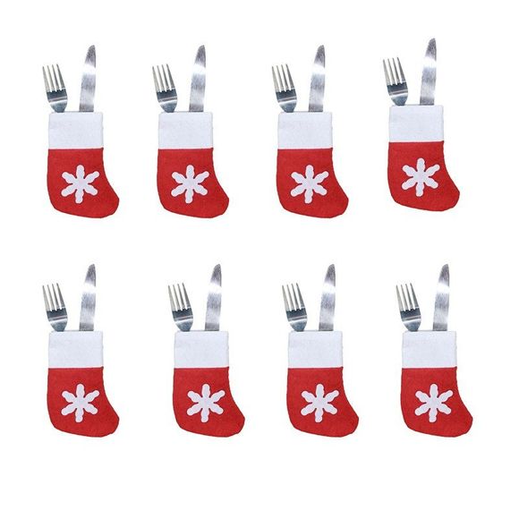 8 Pièces Pochettes de Rangement Décoratives pour Couteau et Fourchette en Forme de Chaussettes de Noël - Rouge 