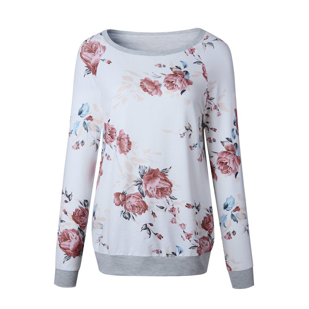 

2017 New Autumn Long Sleeve Round Collar Simple Print Top, White