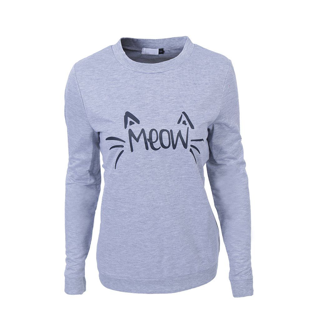 

Autumn New Style Women Long Sleeve O Neck Loose Casual Blouse Cotton Cat Print Shirt, Gray