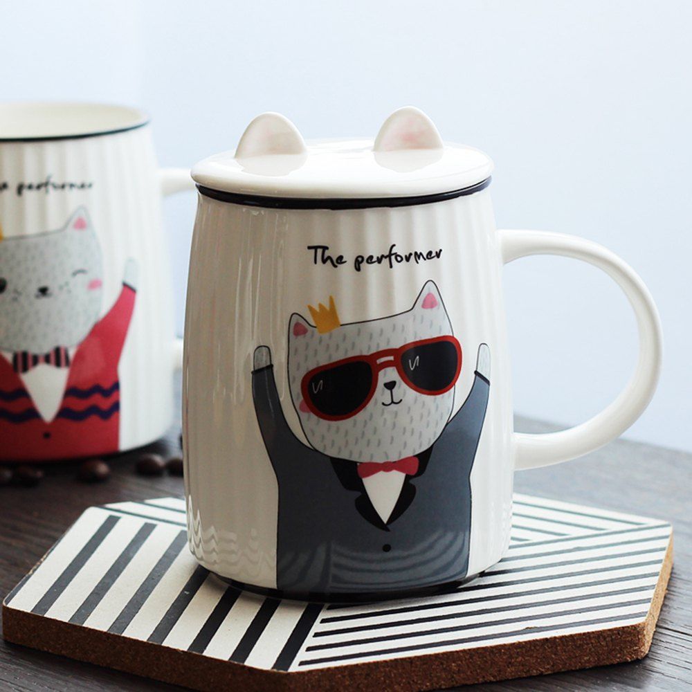 

500ML Cartoon Cat Striped Ceramic Cup, Gray