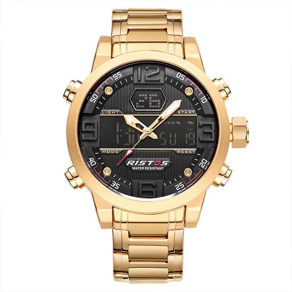 RISTOS 9338 Hommes Montre Electronique Imperméable Bracelet d'acier - d'or 