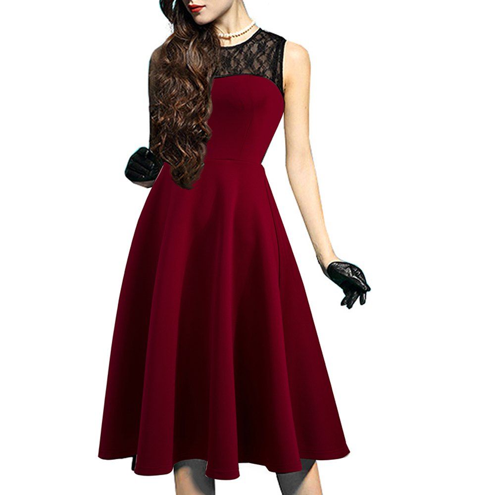 

Elegant Ladylike Stylish Lace Charming Sexy Women O Neck Sleeveless Vintage Ball Gown Little Black Dress, Deep red