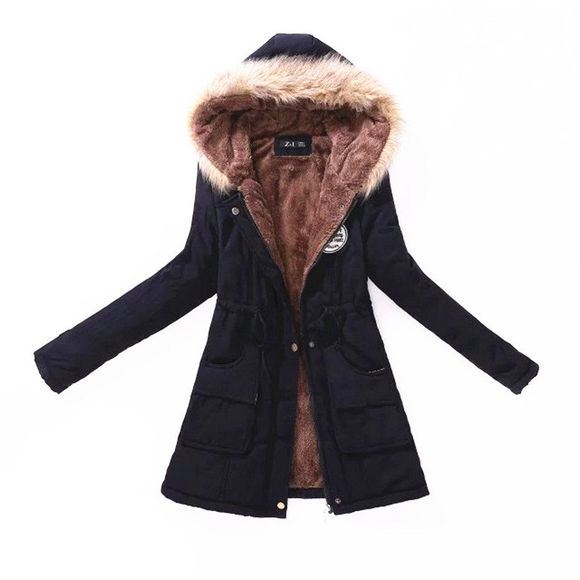Manteau en Coton Long avec Capuche Poilue - Noir XL