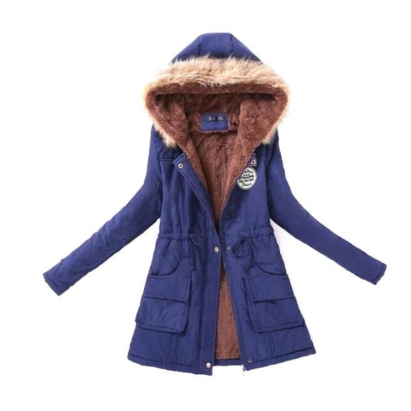 Manteau en Coton Long avec Capuche Poilue - Cadetblue XL