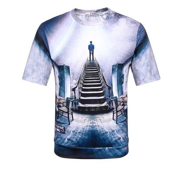 T-shirt à Motif 3D à Manches Courtes pour Homme - Bleu 3XL
