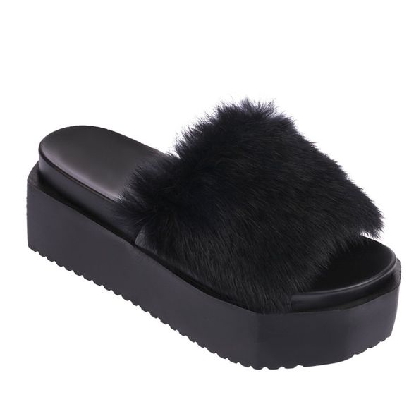 Chaude Femmes Pantoufles Mode Printemps Hiver Automne Faux Fourrure Hauteur 7 CM Chaussures - Noir 37