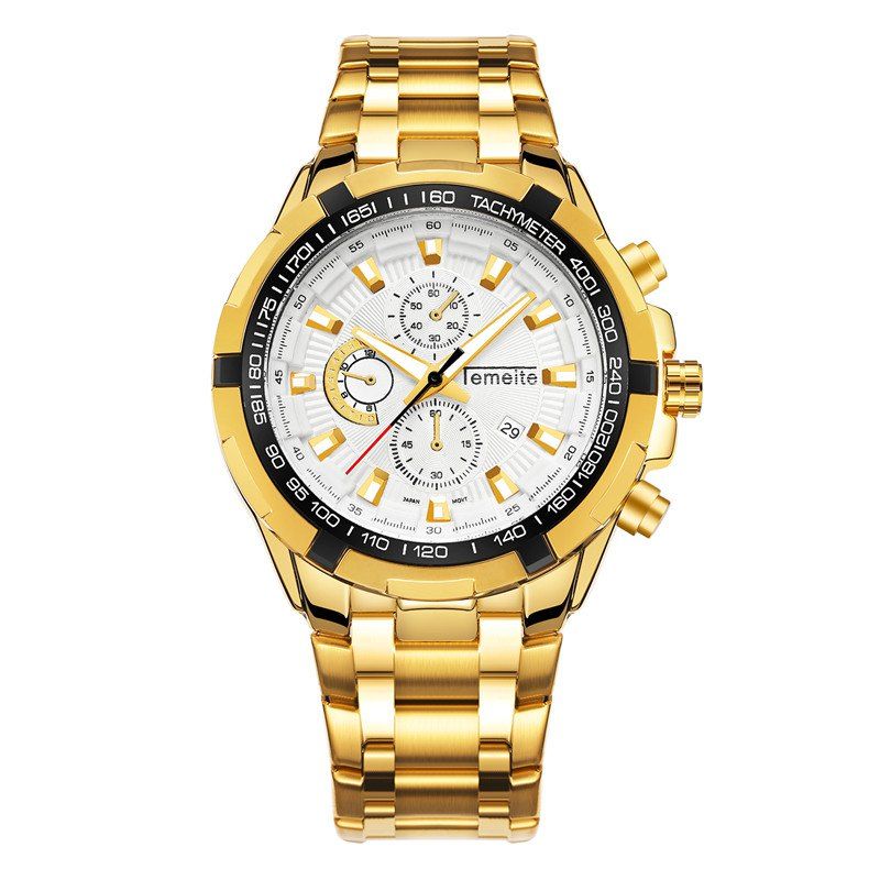 

Temeite 4646 Business Waterproof Multifunctional Men Quartz Watch with Box, Gold and white