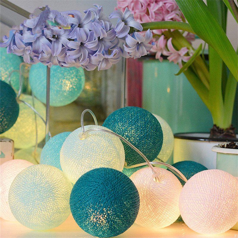 

2M 20 LED Cotton Ball String Light for Wedding Garden Party Christmas Decoration, White + blue