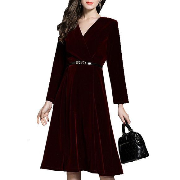 Les femmes à manches longues col V Élégante robe élégante Aline - Rouge vineux XL