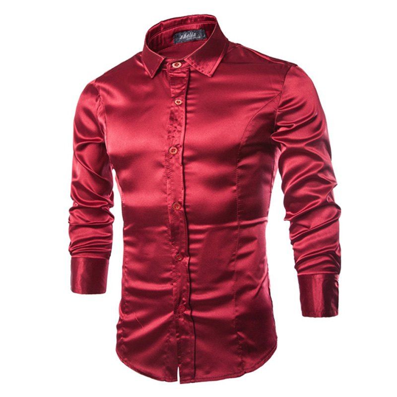 

Men's Shiny Silk Long Sleeve Shirt, Wine red