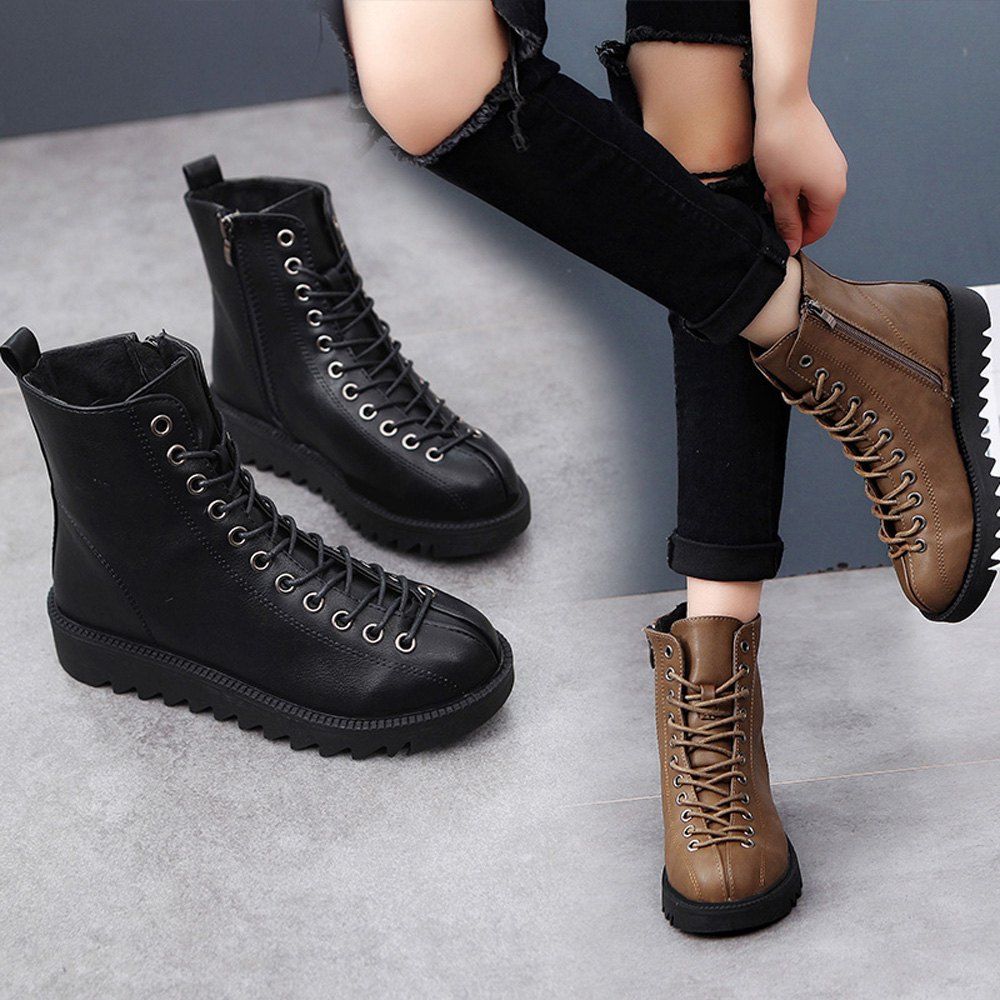 2018 Women Autumn WInter Fashion Casual PU Leather Ankle Martin Flat Boots Waterproof Platform ...