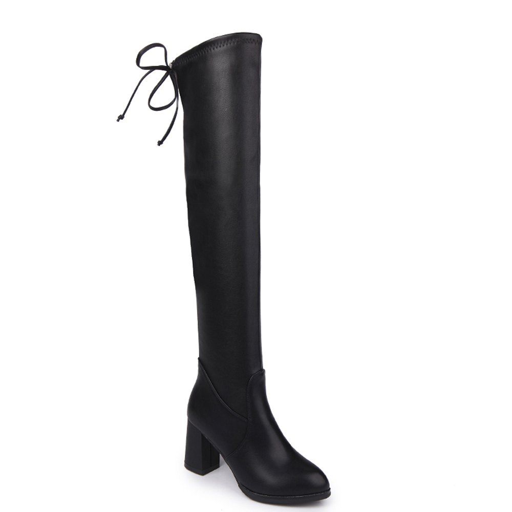 

Women Autumn Winter PU Leather Fashion Sexy Warm Knee High Boots Martin Waterproof Block Thick High Heel, Black