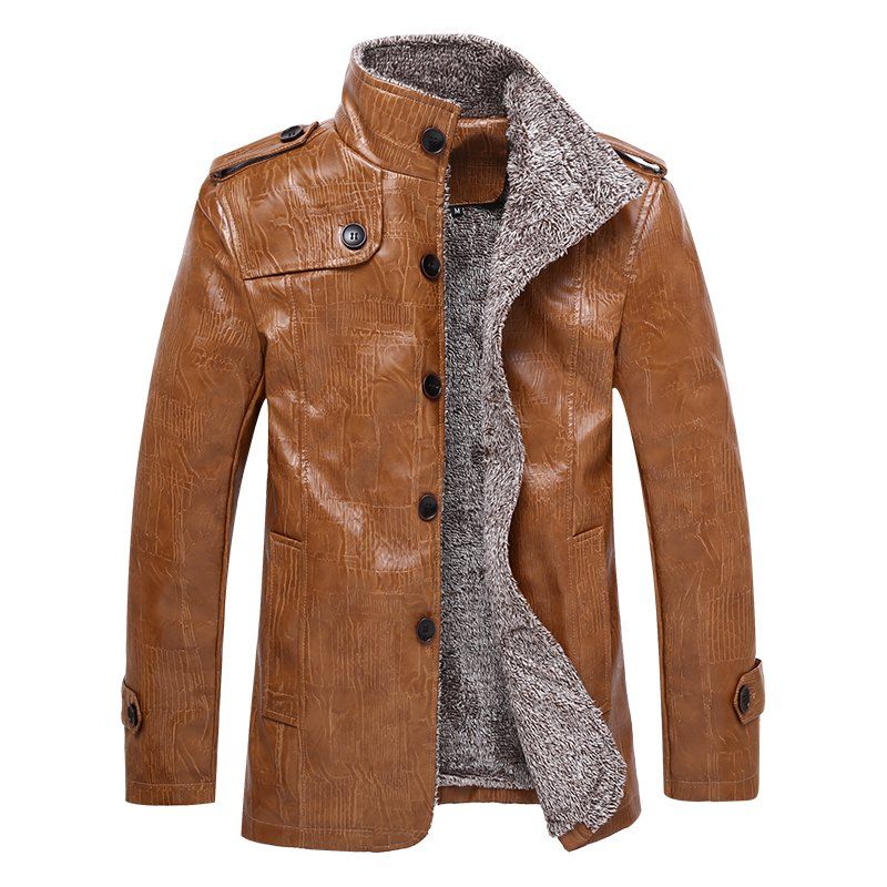 

Winter Thick Leather Garment Casual Flocking Warm Clothing Men Jacket, Khaki